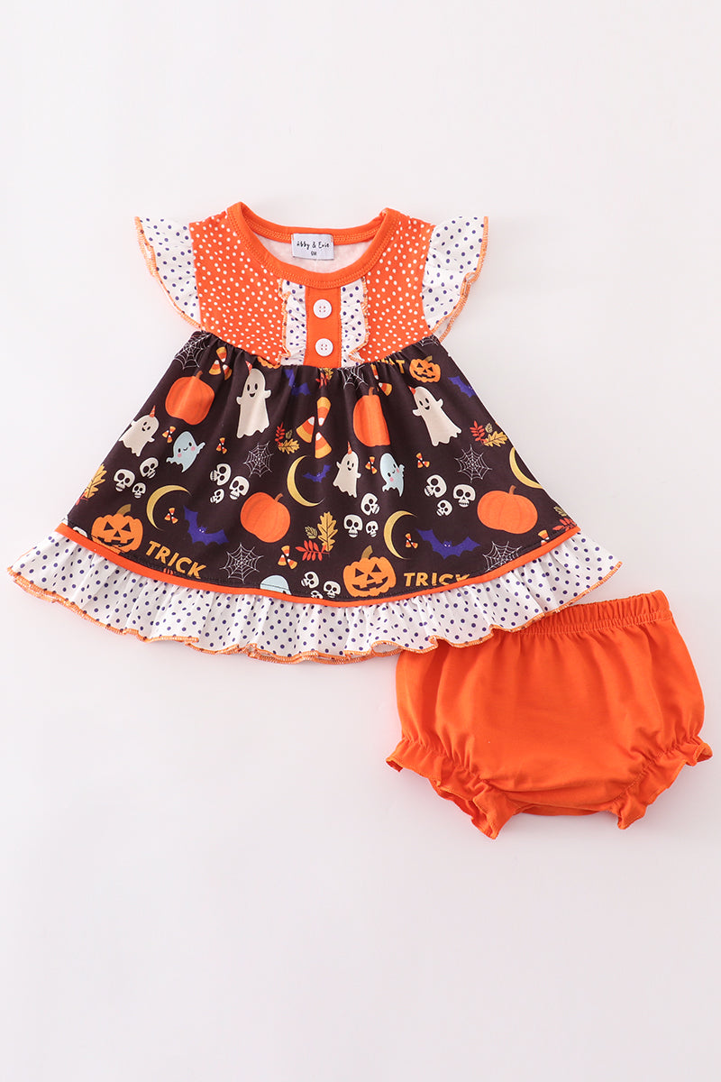 Abby & Evie Girl's Boutique Orange Trick Or Treat Halloween Candy Corn 2 Two Piece Bloomer Set Sibling Matching