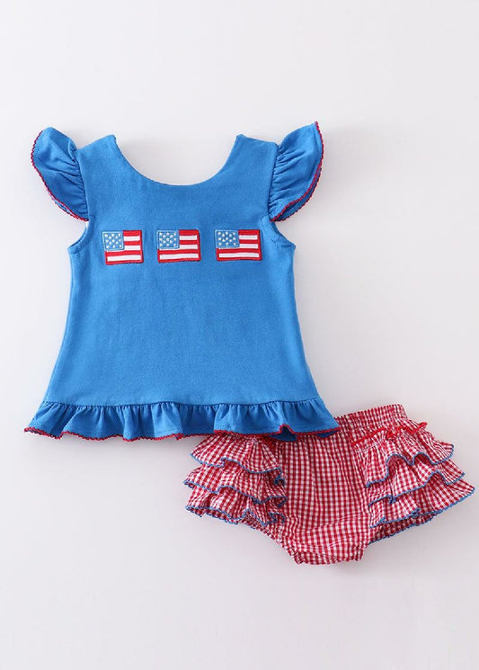 Girl's Boutique Premium Patriotic Plaid Flag 2 PC Ruffle Bloomer Set 4th of July Sibling Matching