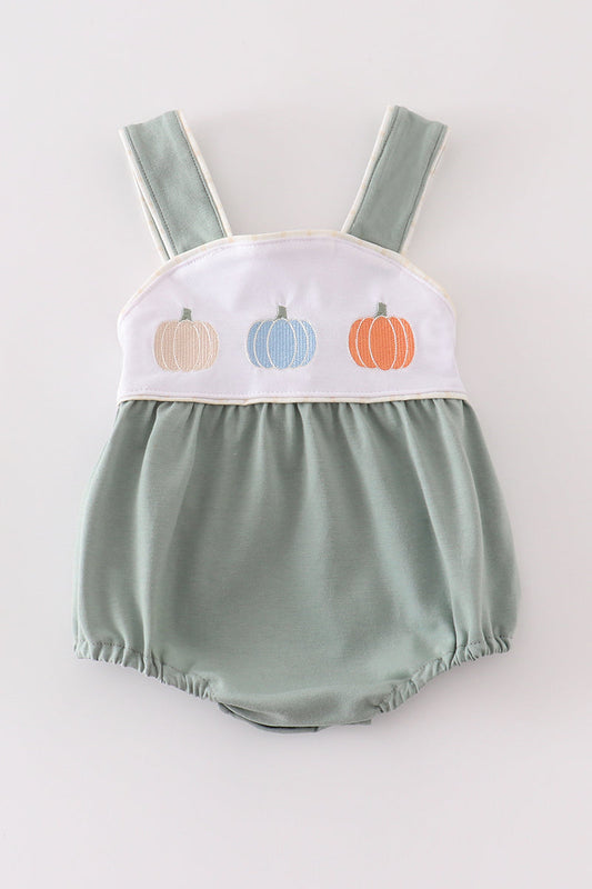 Boy's And Girl's Unisex Boutique Green Pumpkin Embroidered Embroidery Thanksgiving Fall Romper Outfit Matching Sibling Size 6M