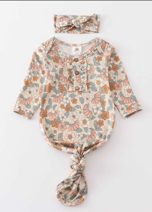 Girl's Boutique Mauve Fall Floral Print Baby Knot One Piece Outfit And Matching Headband