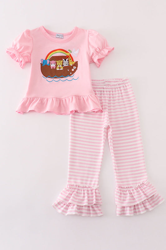 Girl's Boutique Pink Noah's Ark Applique Embroidered Pants Set Outfit Matching Sibling