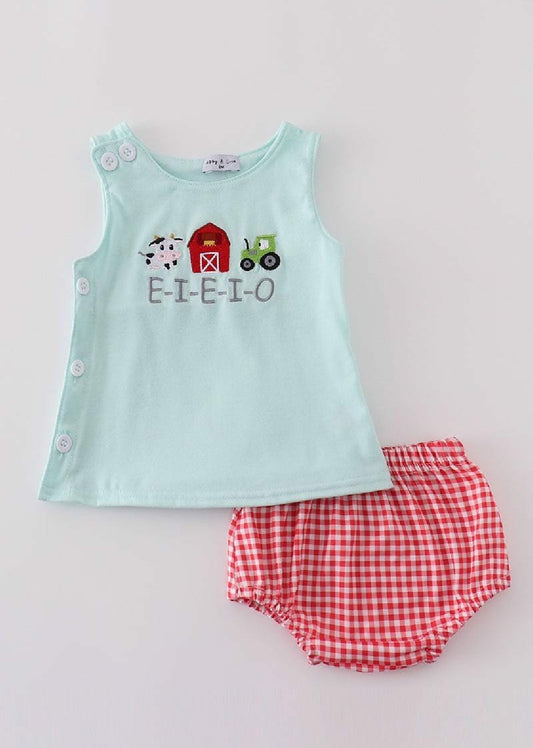 Boy's Boutique Red Farm E-I-E-I-O Applique Checkered Embroidered Embroidery Bloomer Outfit Matching Sibling