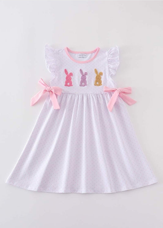Girl's Boutique Premium Easter Dot Bunny Dress Sibling Matching Embroidered Embroidery