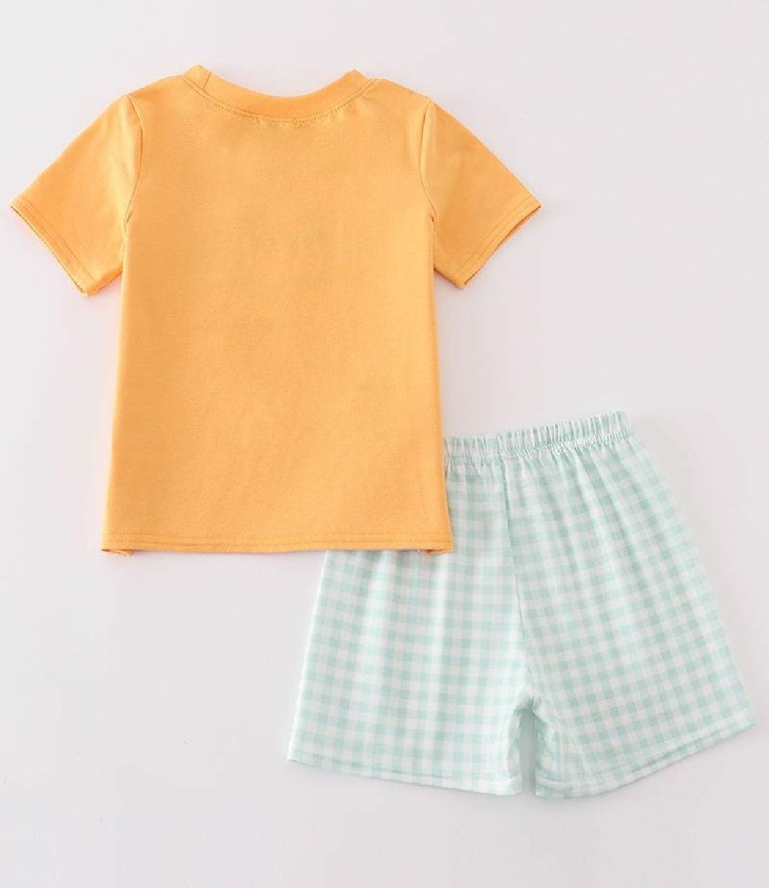 Boy's Boutique Orange Green Easter Bunny Applique Checkered Embroidered Two Piece Short Outfit Matching Sibling