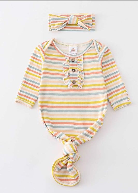 Girl's Boutique Spring Stripe Multicolor Bamboo Baby Knot One Piece Outfit And Matching Headband