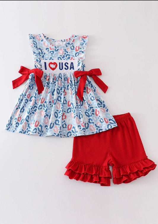 Girl's Boutique Patriotic I Love USA Animal Print Tunic Shorts 2 Piece Set 4th of July Sibling Matching