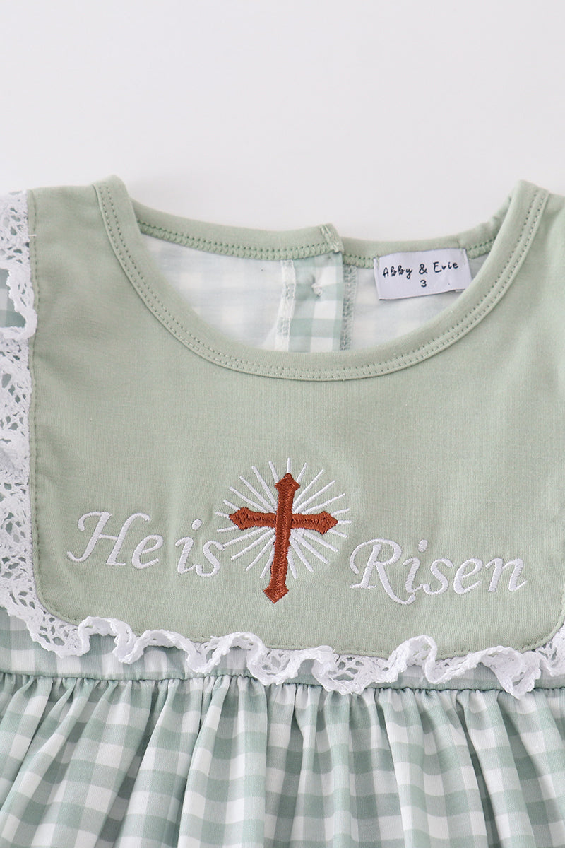 Girl's Easter He Is Risen Applique Checkered Lace Embroidered Embroidery Two Piece Short Set Outfit Matching Sibling