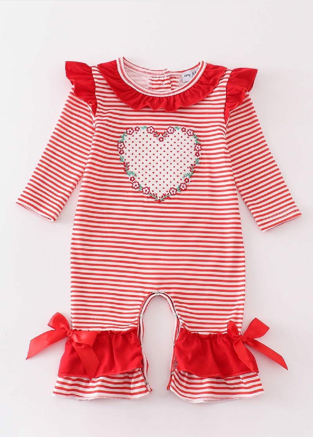 Girl's Boutique Red Stripe Valentine Heart Applique Embroidery Embroidered Romper Matching Sibling