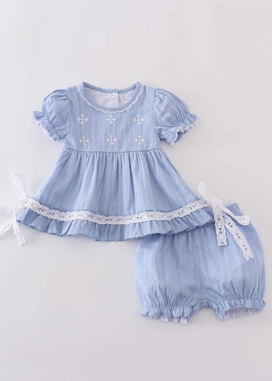 Girl's Boutique Premium Blue Easter Cross Girl Embroidered Embroidery Bloomer Set Matching Sibling