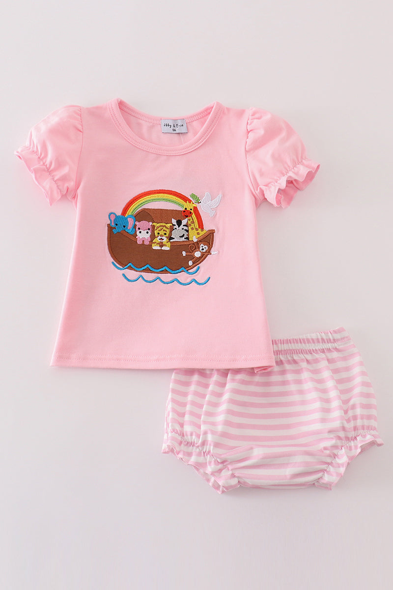 Girl's Boutique Pink Noah's Ark Applique Embroidered Bloomer Set Outfit Matching Sibling