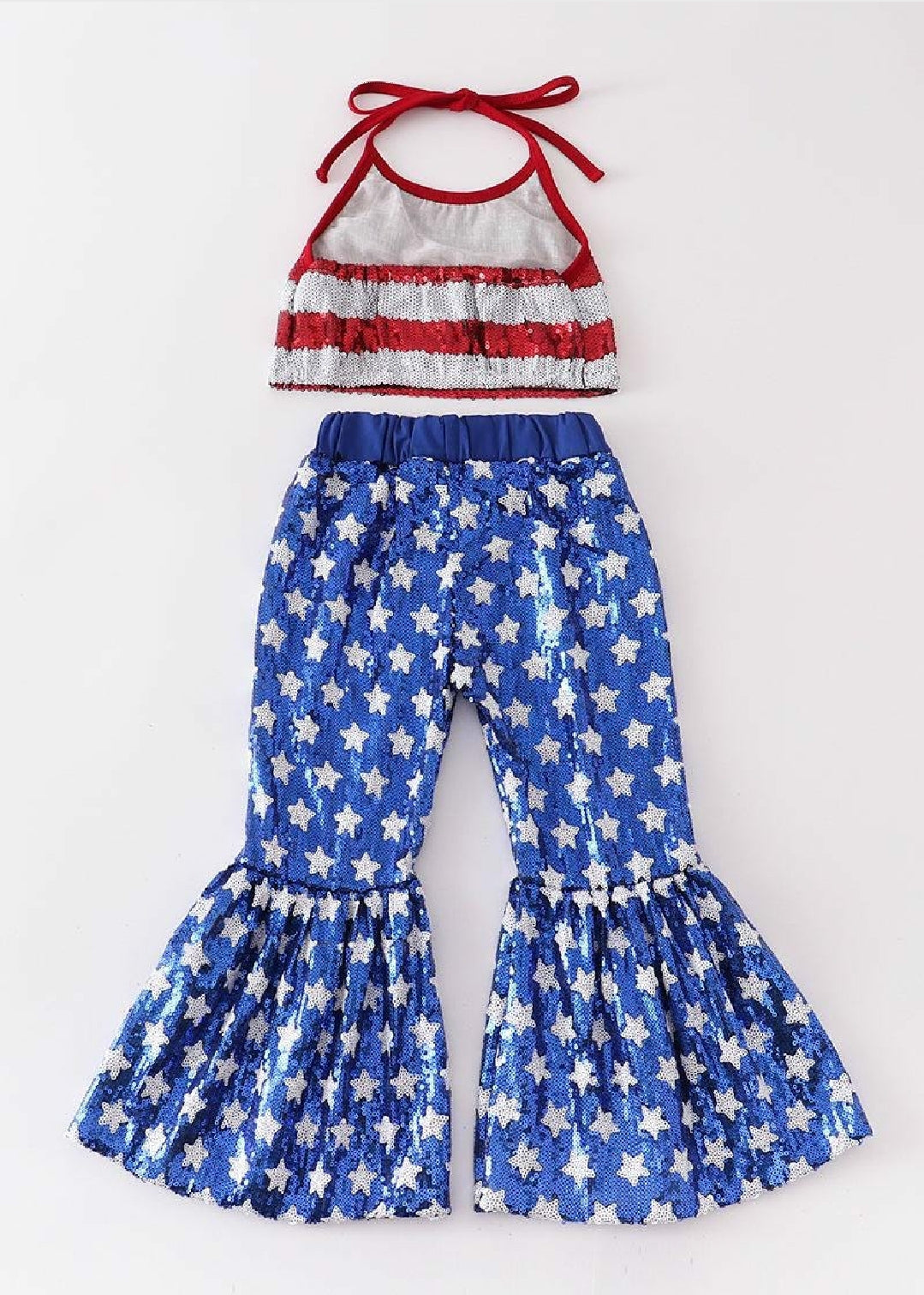 Girl's Boutique Patriotic Star Sequin Summer 2 Piece Set Outfit 4th Of July Dance Cheer