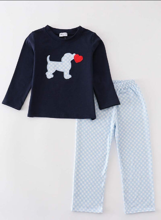 Boys Boutique Valentine's Day Heart Navy Puppy Embroidery Embroidered 2 Piece Pant Set Outfit Matching Sibling