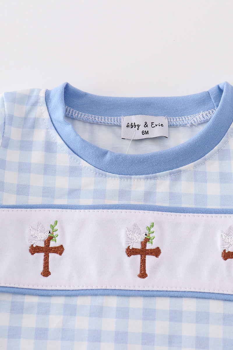 Boy's Blue Easter Cross Embroidered Gingham Bubble Romper Outfit Matching Sibling