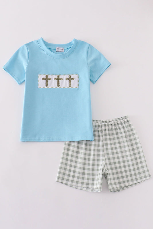 Boy's Boutique Green Blue Easter Cross French Knot Embroidered Embroidery Gingham 2 Piece Outfit Set Matching Sibling