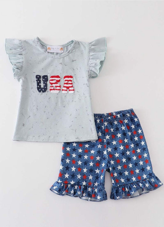 Girl's Boutique Patriotic USA French Knot Top Shorts 2 Piece Set 4th of July Sibling Matching