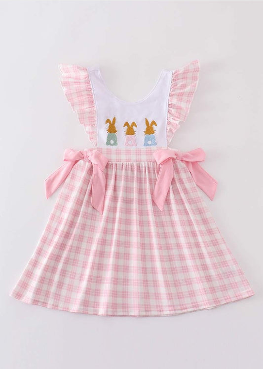 Girl's Boutique Pink Easter Bunny Bow Girl Embroidered Embroidery Dress Matching Sibling