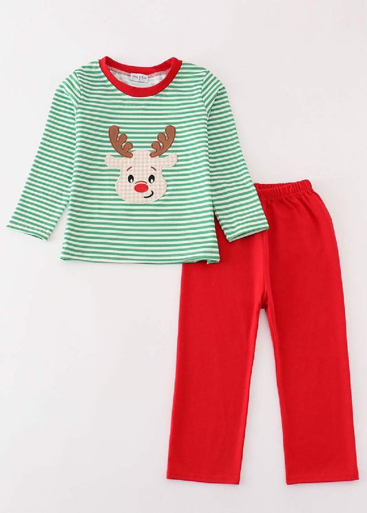 Boy's Boutique Cotton Christmas Green Stripe Deer Reindeer Applique Two Piece Set Sibling Matching