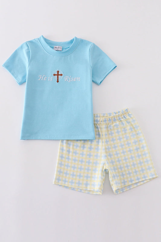 Boy's Boutique Blue & Yellow Easter He Is Risen Applique Checkered Embroidered Two Piece Short Outfit Matching Sibling