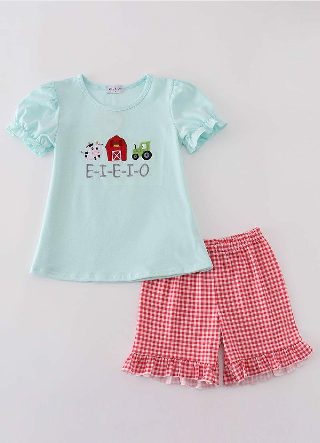 Girl's Boutique Red Farm E-I-E-I-O Applique Checkered Embroidered Embroidery 2 Piece Set Matching Sibling