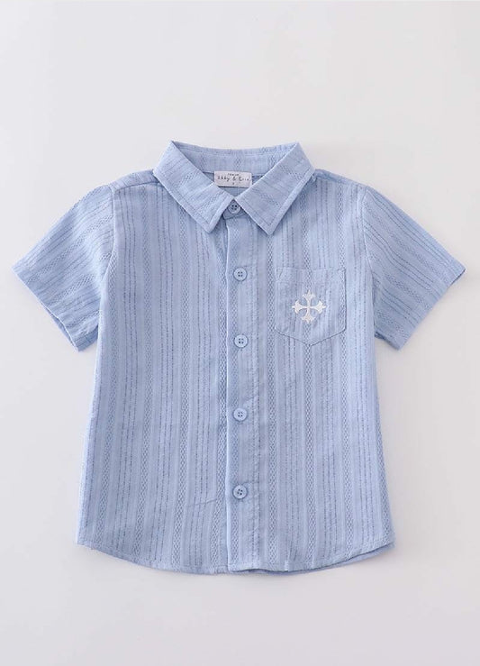 Boy's Boutique Premium Blue Easter Cross Embroidered Embroidery Button Down Top Matching Sibling