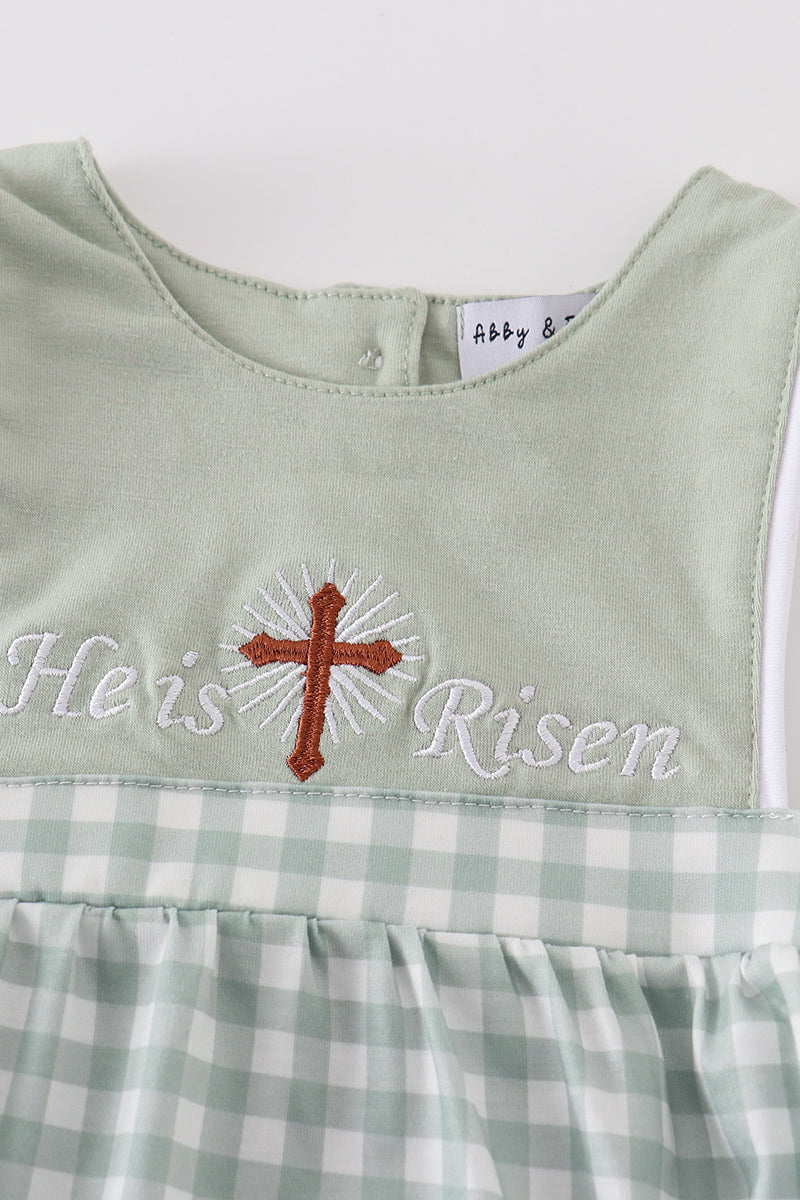 Boy's Sage Green Easter He Is Risen Applique Checkered Embroidered Romper Outfit Matching Sibling