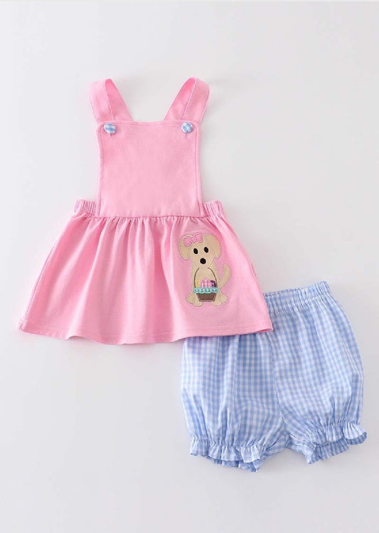 Girl's Boutique Premium Pink Easter Basket Puppy Girl Embroidered Embroidery Two Piece Bloomer Set Outfit Matching Sibling