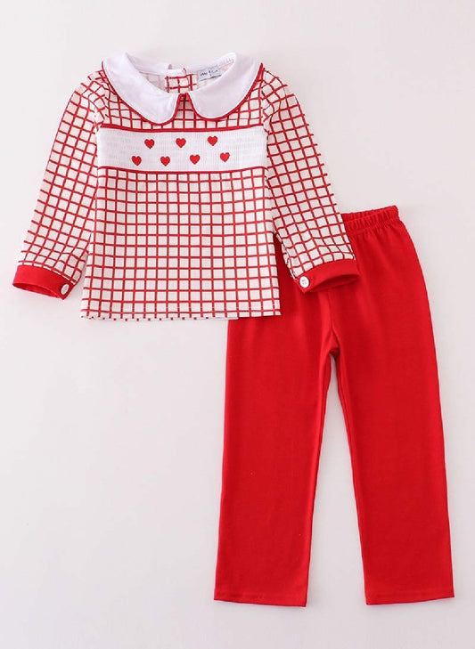 Boys Boutique Valentine's Day Smocked Heart Embroidery Embroidered 2 Piece Pant Set Outfit Matching Sibling