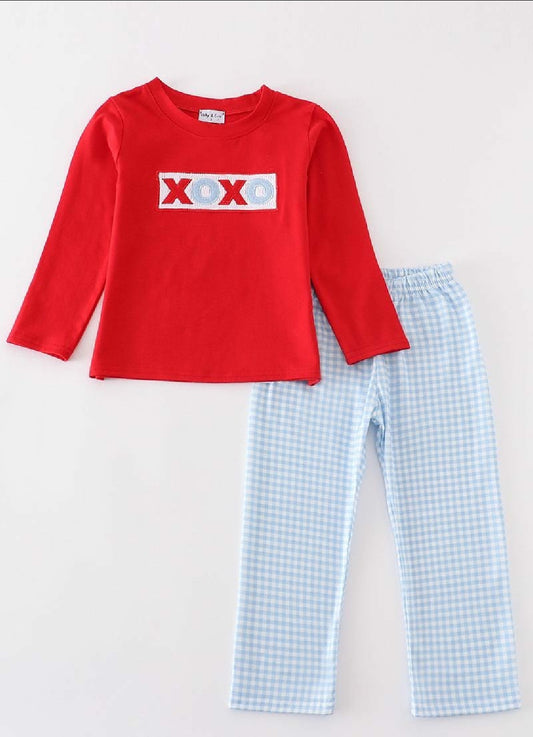 Boys Boutique Valentine's Day XOXO Embroidery Embroidered 2 Piece Pant Set Outfit Matching Sibling
