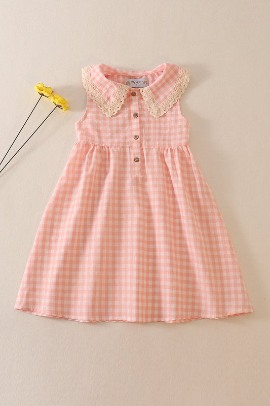 Girl's Boutique Blush Pink Plaid Linen Button Down Checkered Lace Picnic Dress Matching Sibling