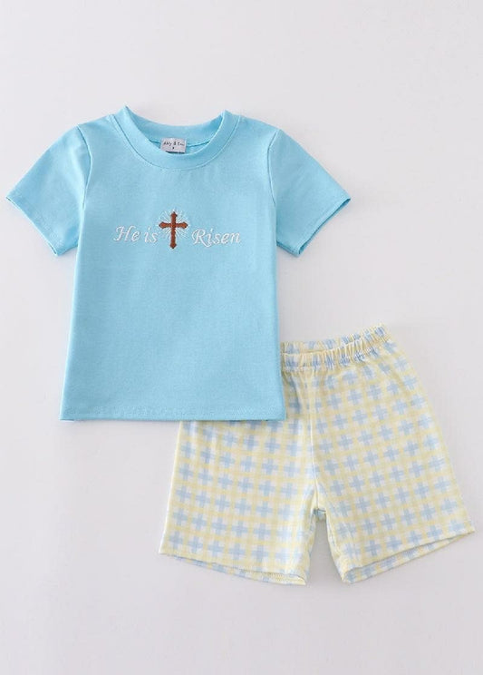 Boy's Boutique Blue And Yellow Easter He Is Risen Applique Checkered Embroidered Two Piece Short Outfit Matching Sibling