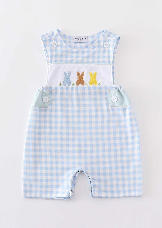Boy's Boutique Easter Blue Bunny Bunnies Applique Embroidered Embroidery JonJon Romper Outfit Matching Sibling