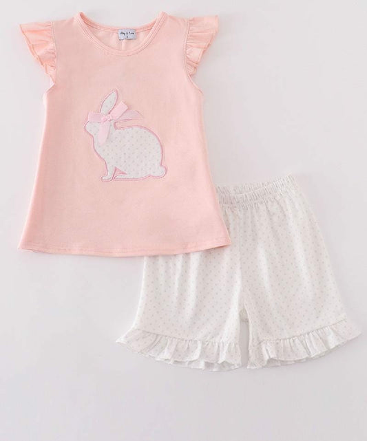 Girl's Boutique Easter Dot Bunny Two Piece Short Set Outfit Sibling Matching Embroidered Embroidery
