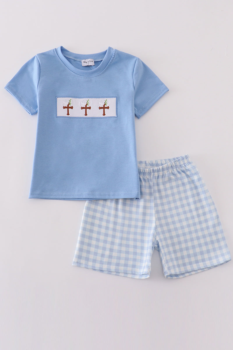 Boy's Boutique Blue Easter Cross Embroidered Gingham 2 Piece Outfit Set Matching Sibling