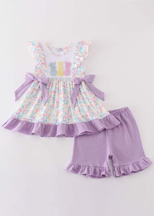 Girl's Boutique Easter Purple Bunny French Knot Two Piece Set Sibling Matching Embroidered Embroidery