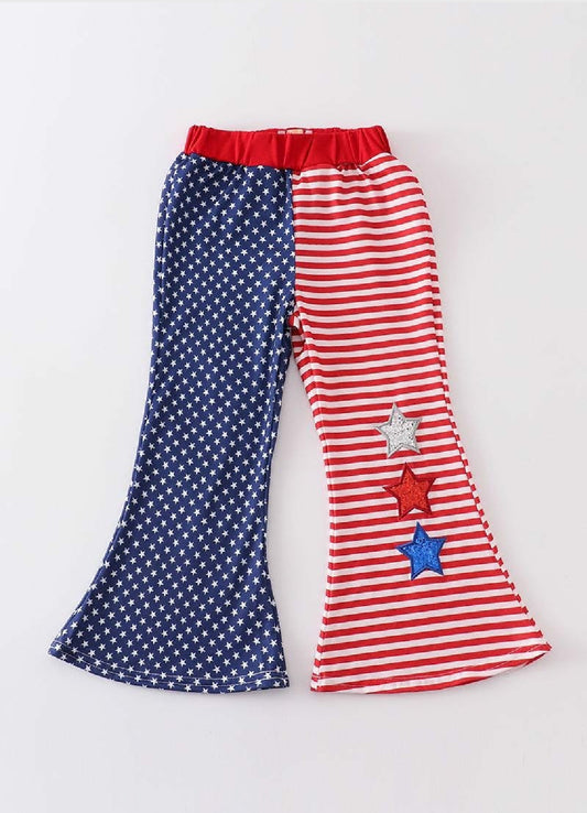 Girl's Boutique Patriotic Flag And Stars Sequin Split Bell Bottom Pants 4th Of July Matching Sibling