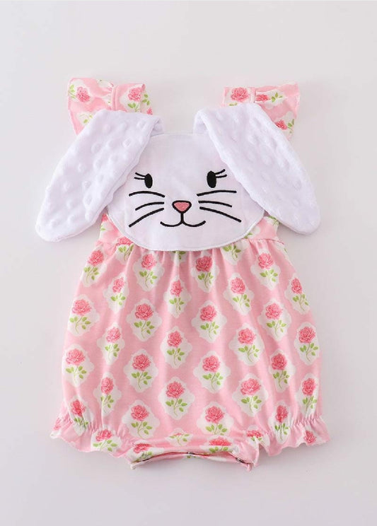 Girl's Boutique Pink Floral Easter Bunny Applique Girl Embroidered Embroidery Bubble Romper Matching Sibling