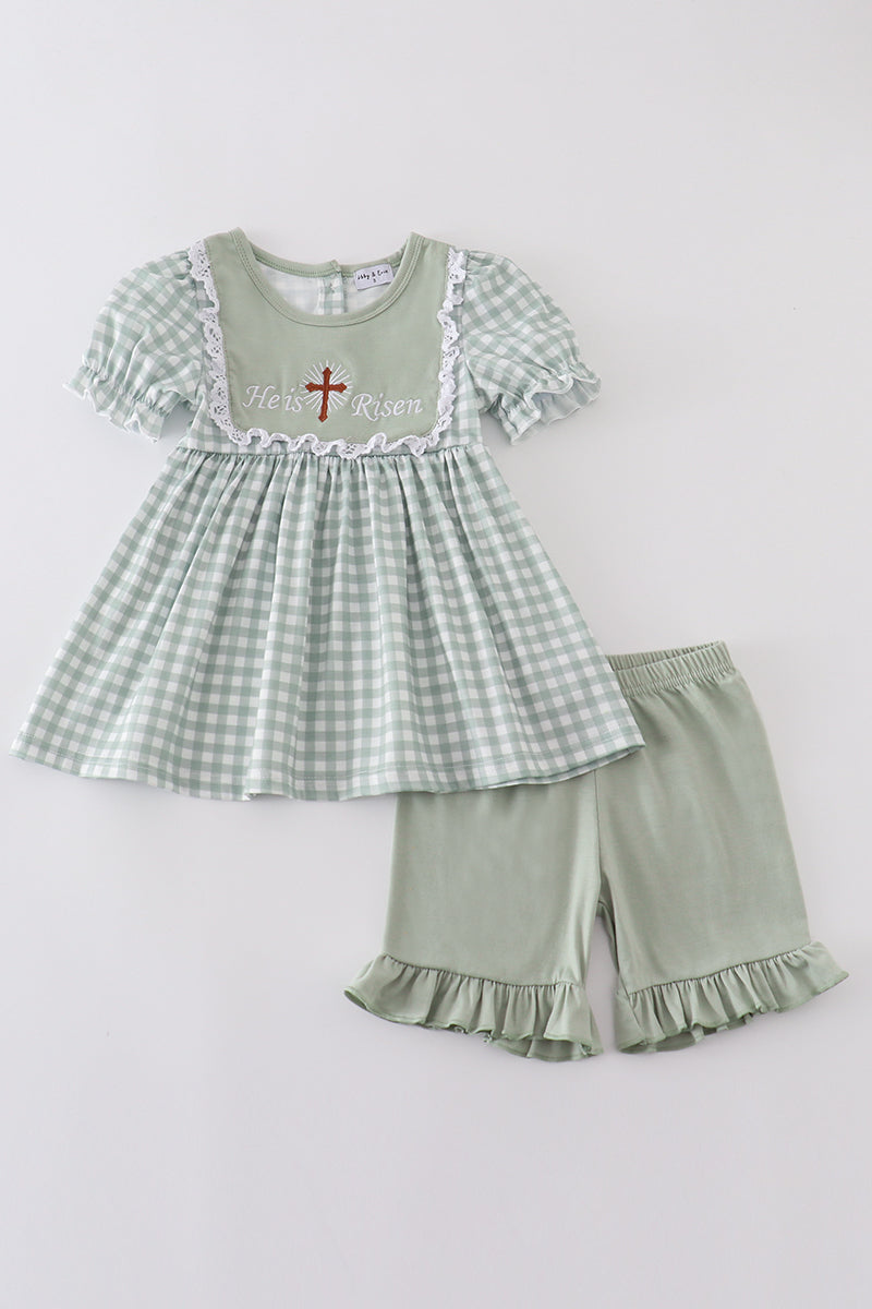 Girl's Easter He Is Risen Applique Checkered Lace Embroidered Embroidery Two Piece Short Set Outfit Matching Sibling