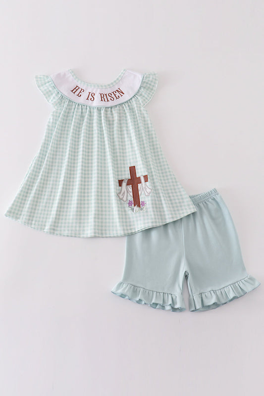 Abby & Evie Girl's Boutique Easter He Is Risen Applique Embroidered Embroidery Two Piece Short Set Outfit Matching Sibling