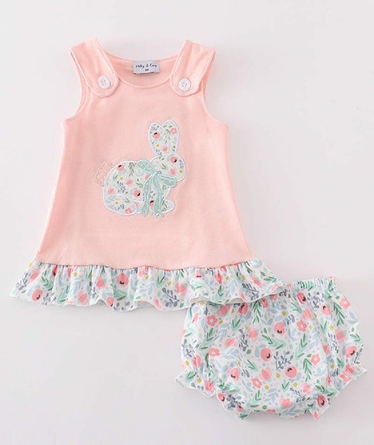 Girl's Boutique Pink Easter Bunny Floral Applique Embroidered Embroidery Bloomer Set Matching Sibling