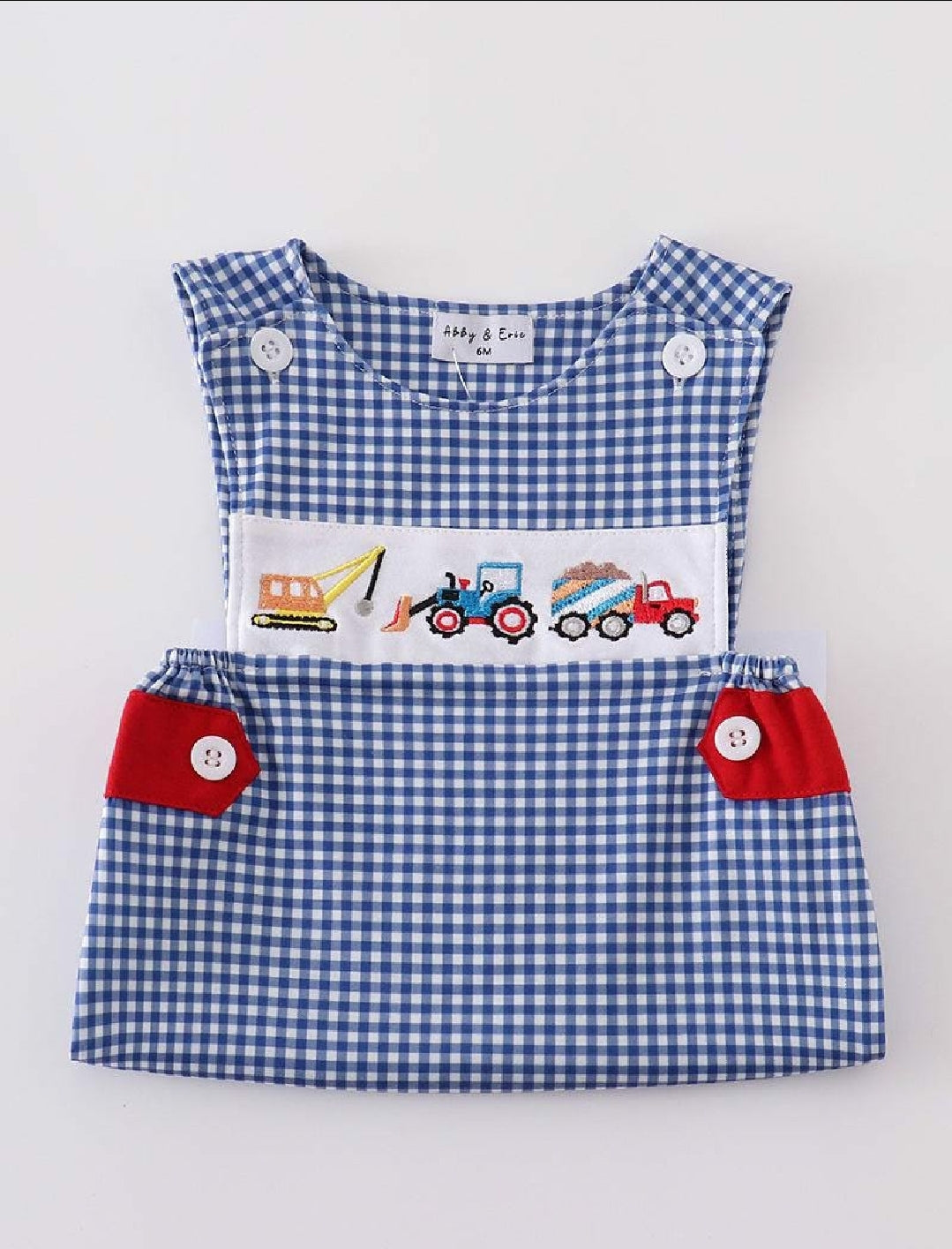 Boy's Boutique Blue Vehicle Truck Construction JonJon Romper Sibling Matching Summer Plaid Embroidered Embroidery