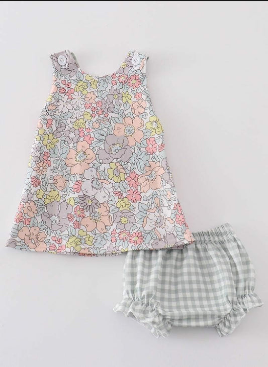 Girl's Boutique Sage Pastel Floral Harmony Girl Gingham Bloomer Ruffle 2 Piece Set Sibling Matching