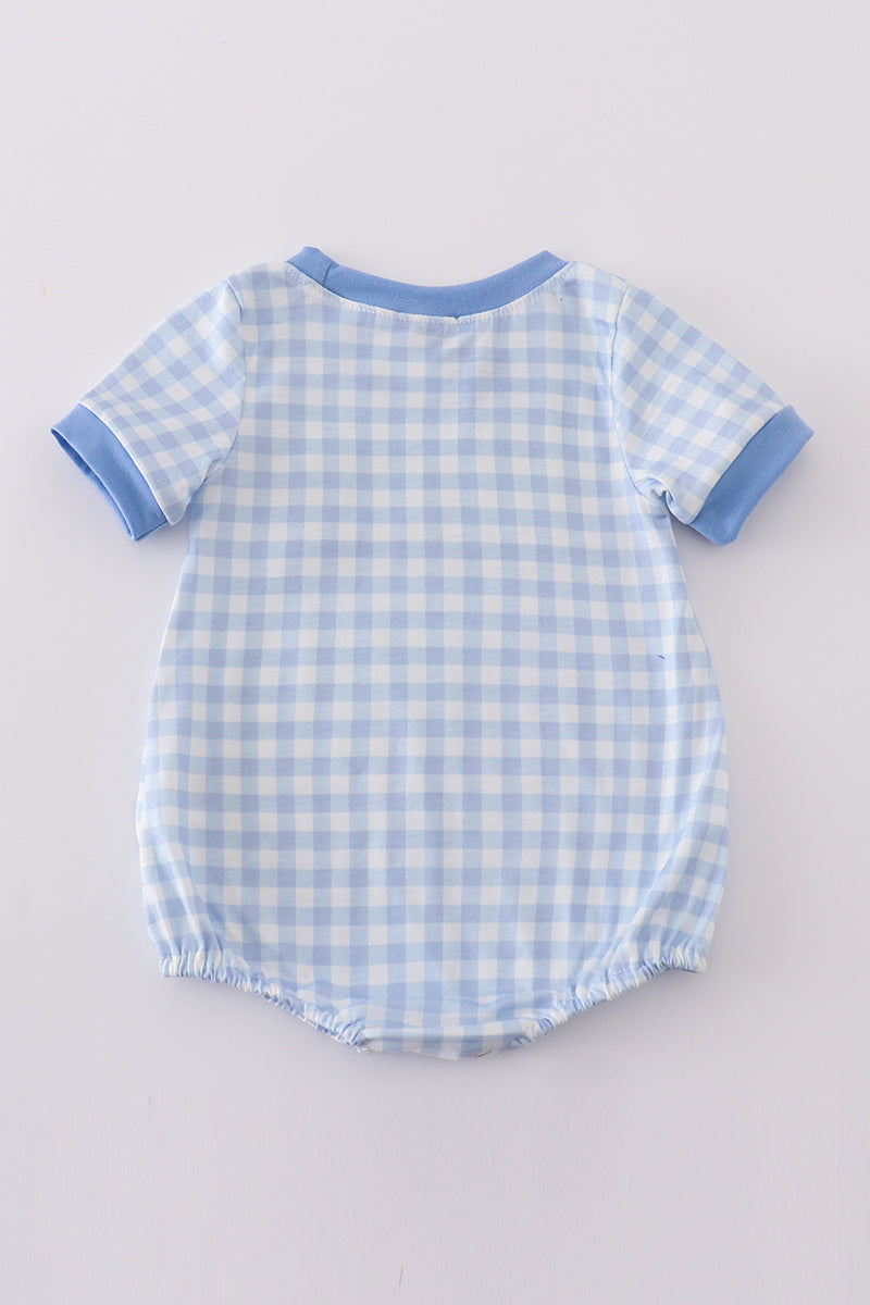 Boy's Blue Easter Cross Embroidered Gingham Bubble Romper Outfit Matching Sibling