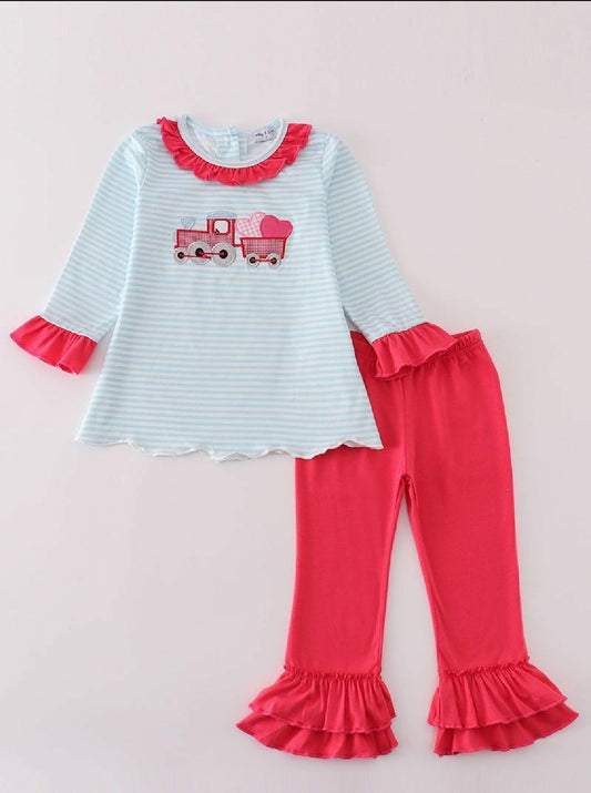 Girl's Boutique Pink Truck Heart Applique Pants Set Embroidery Embroidered Matching Sibling