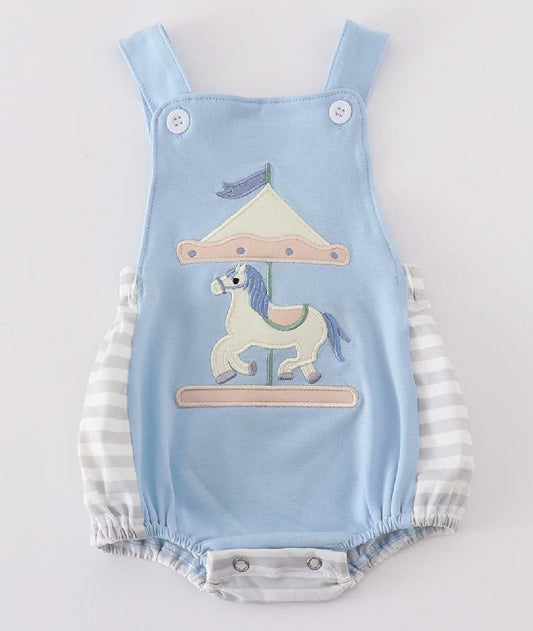 Boy's Boutique Blue Carousel Applique Boy Bubble Romper Sibling Matching Summer