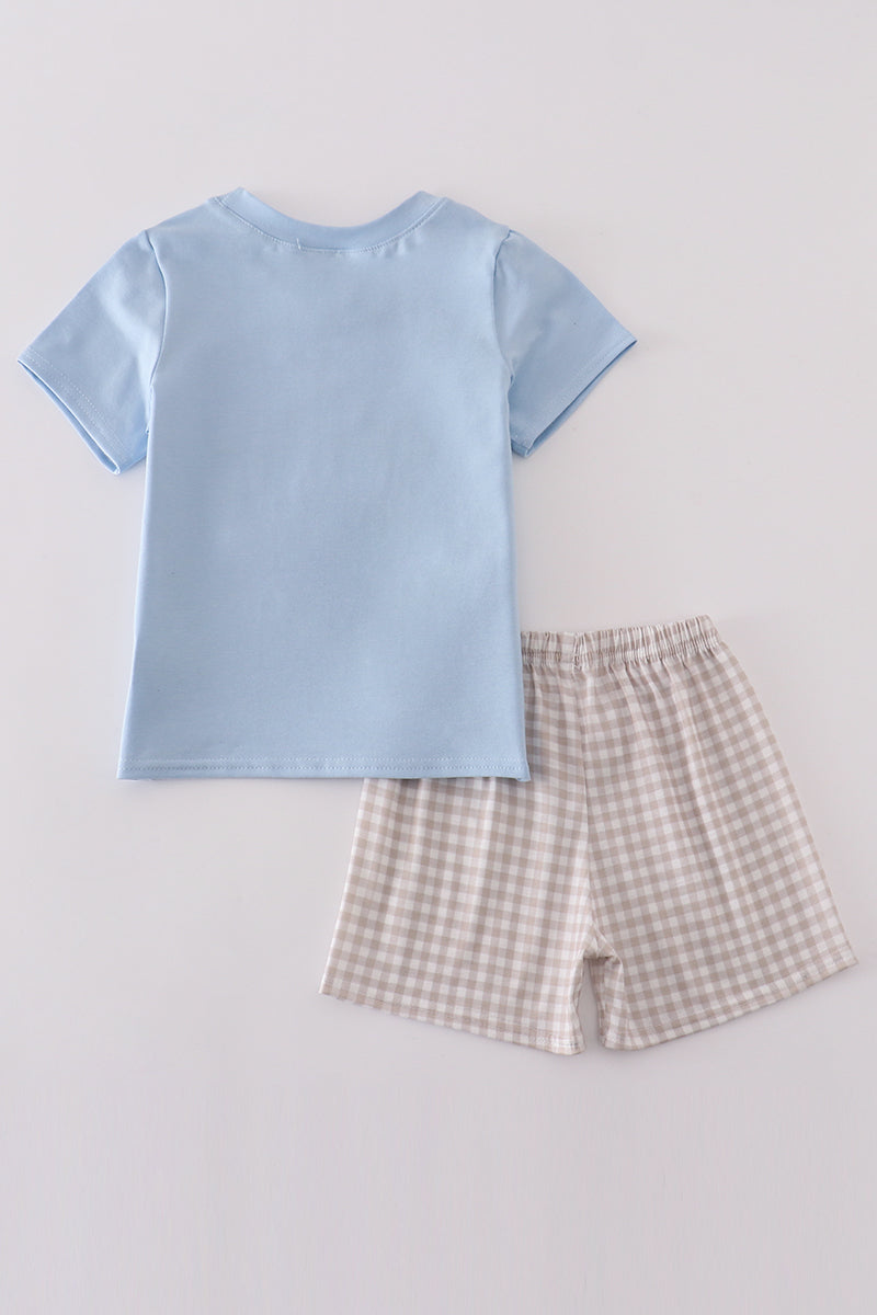 Boy's Boutique Blue Easter Cross He Is Risen Applique Gingham 2 Piece Outfit Set Matching Sibling