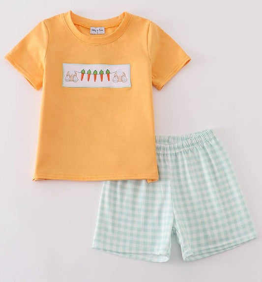 Boy's Boutique Orange Green Easter Bunny Applique Checkered Embroidered Two Piece Short Outfit Matching Sibling
