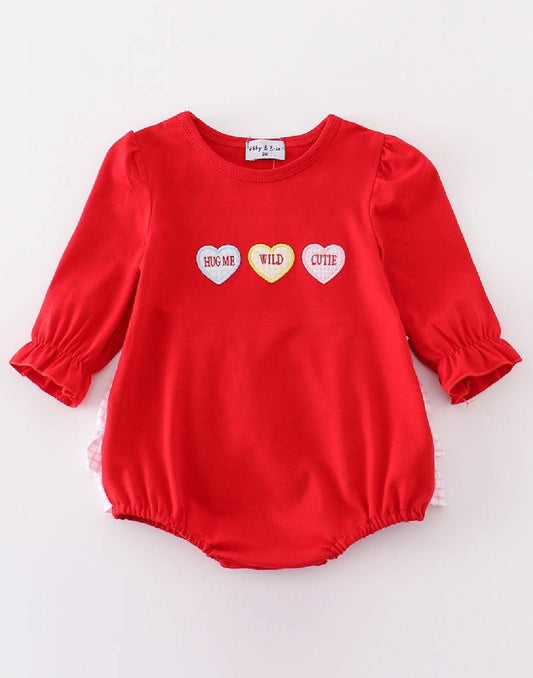 Girl's Boutique Premium Red Valentine Heart Applique Embroidery Embroidered Romper Matching Sibling