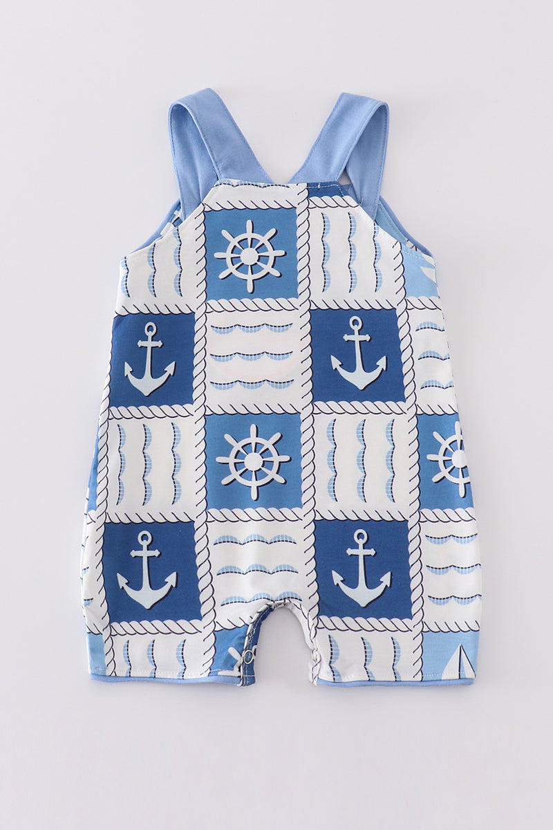 Boy's Blue Sailboat Checkered Pocket Jon Jon Romper Sibling Matching Summer Cruise Trip