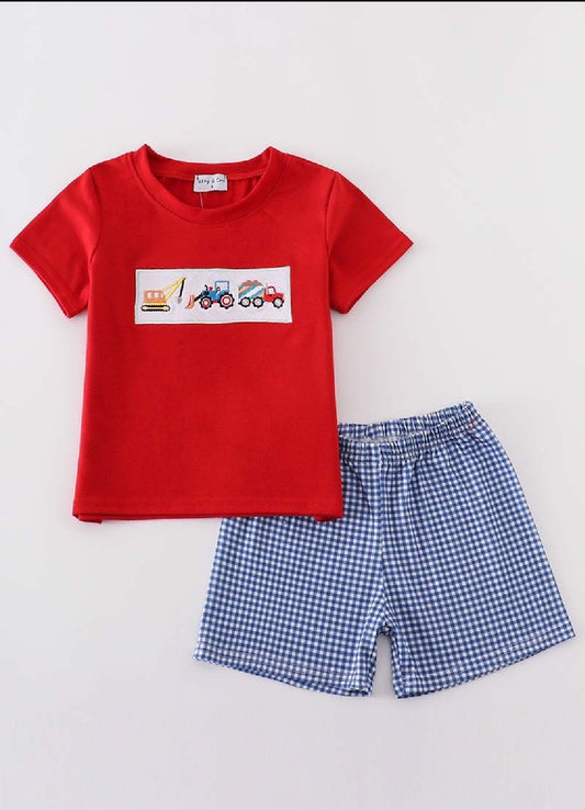 Boy's Boutique Blue Vehicle Truck Construction Two Piece Set Sibling Matching Summer Plaid Embroidered Embroidery