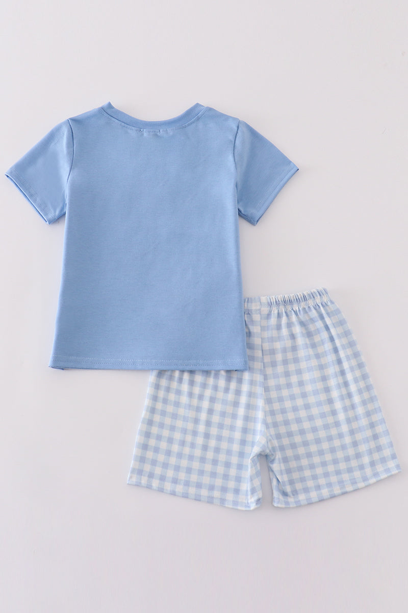 Boy's Boutique Blue Easter Cross Embroidered Gingham 2 Piece Outfit Set Matching Sibling